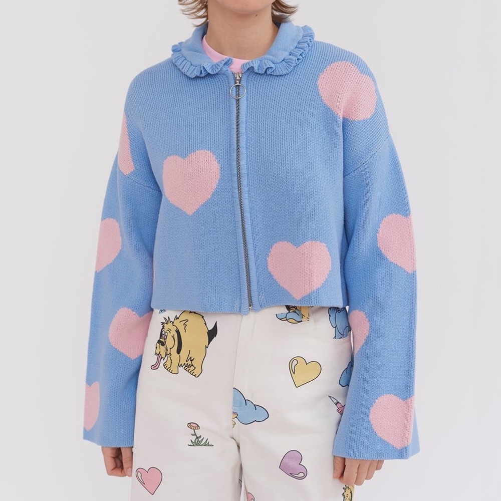 SOLD Lazy Oaf Love Me Forever Zip Up Cardigan with pink and blue hearts Sz M